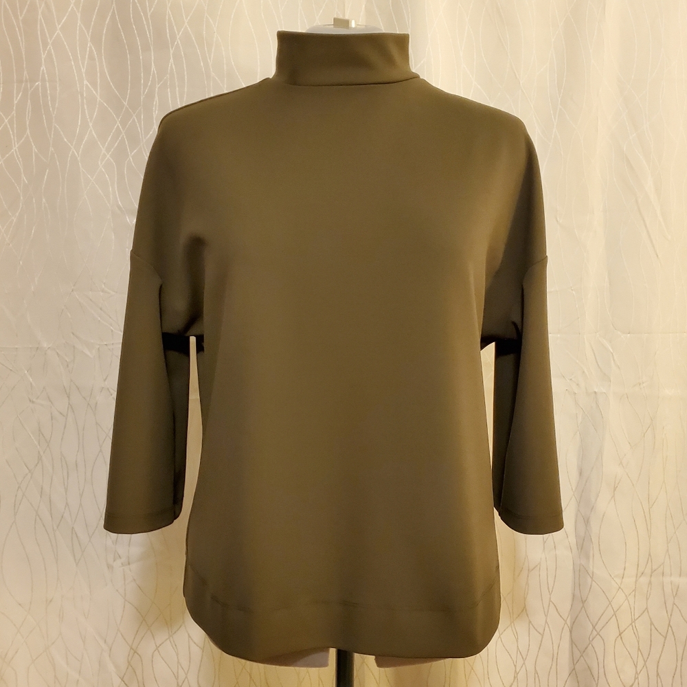 H Halston Khaki Green 3/4 Sleeve Mockneck Top